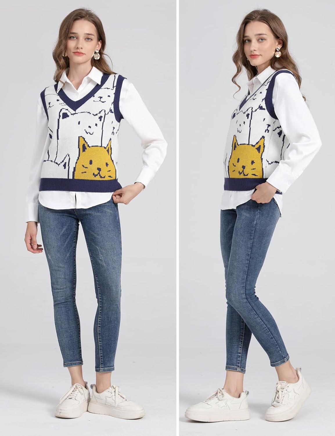 Yimoon Womens Cat Sweater Vest V Neck Y2k Graphic Knit Vest Cute Sleeveless Knitted Pullover Tops - Image 6
