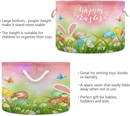 Miniatura 3 de SUABO Cesta de almacenamiento de huevos de Pascua, hierba, mariposas, orejas de conejo, cesta de almacenamiento de lona plegable con asa para ropa,