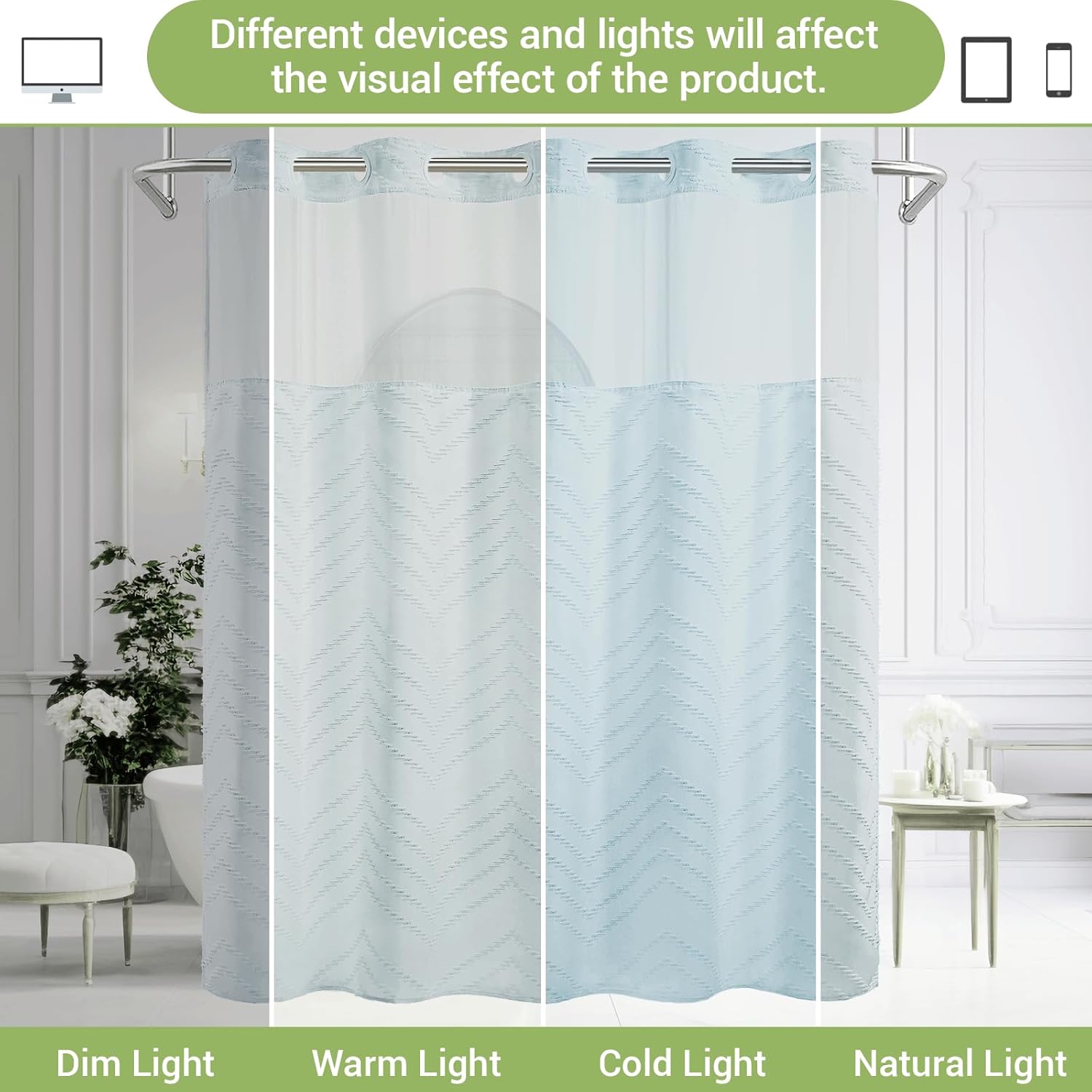 Extra Long No Hook Shower Curtain with Snap in Liner, Tufted Chevron Striped Shower Curtain Set for Bathroom, Boho Waterproof and Washable Shower Curtains, 71Wx86H, Fog Blue