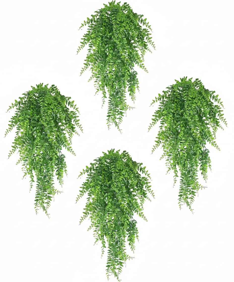 Ariati Green 4 Pack Artificial Hanging Fern Plants, Artificial Trailing Plants, Fake Leaves Wall Decoration For Indoor Outdoor, Wedding Balcony Courtyard Basket Hanging Rattan Decoration