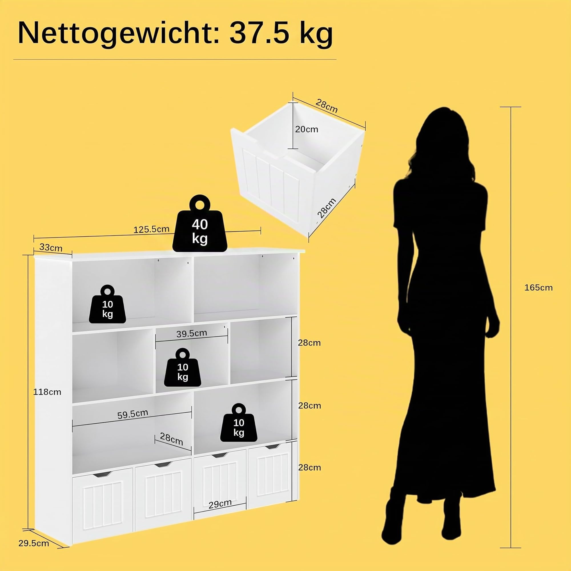 1 Stück Kinderzimmerregal Bücherregal Kinder Weiß mit 4 Roll-Bücherkiste