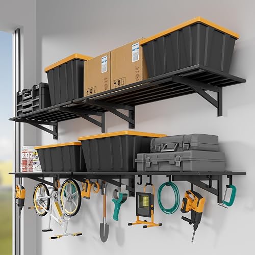 Jusgym 4 Pack Garage Shelving Wall Mounted with 16 Hooks, 1.5x4ft, 1000lbs