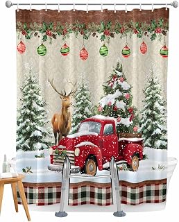 Split Shower Curtain for Transfer Bench, Red Christmas 72 Inch Shower Curtains for Bathroom/Tub, Truck Elk Xmas Tree Snowflake Ball Winter Waterproof Fabric Shower Curtain Set,