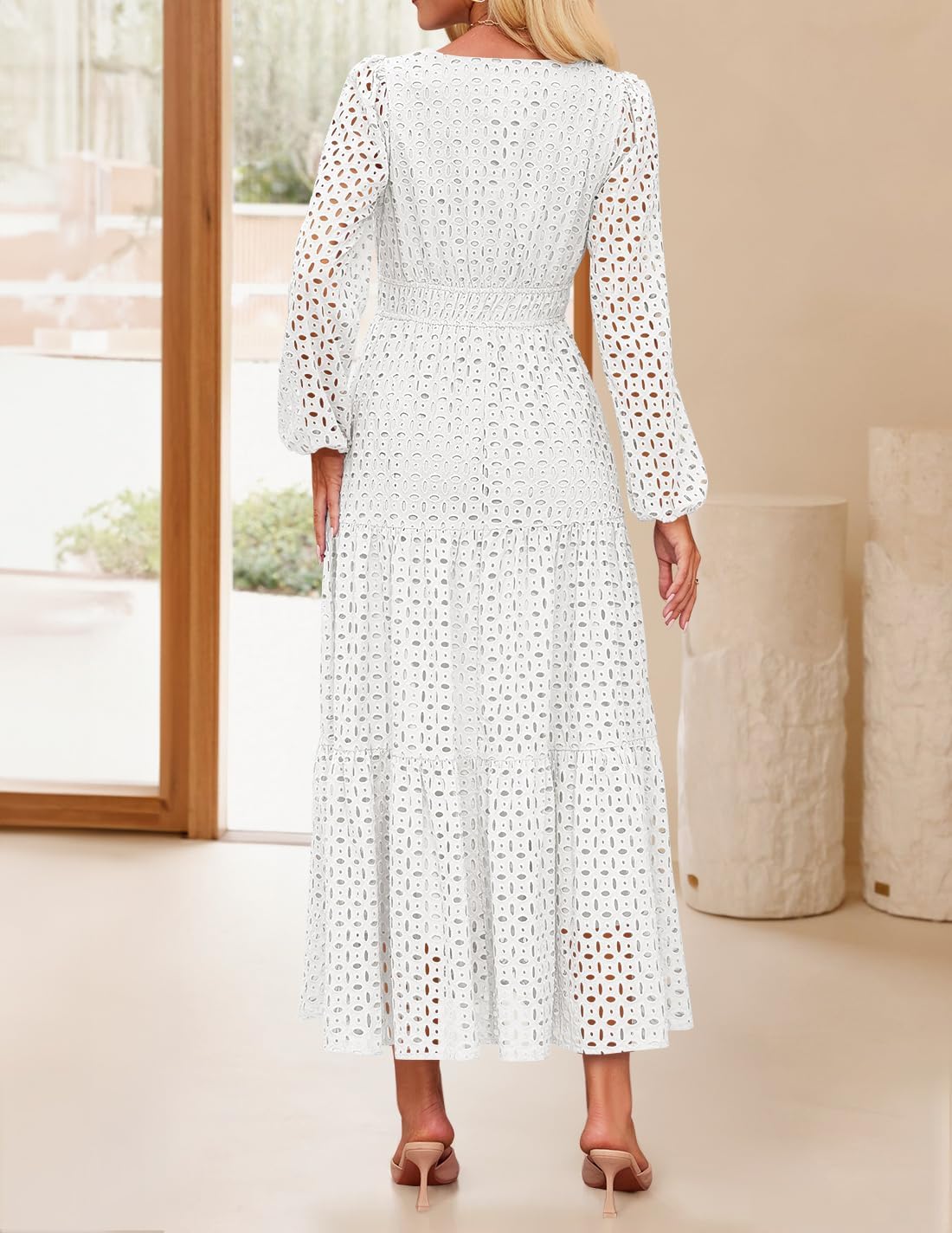 ZESICA Women's 2026 Spring Long Sleeve Maxi Dress V Neck Hollow Out Eyelet A Line Long Flowy Casual Party Dresses - Image 4