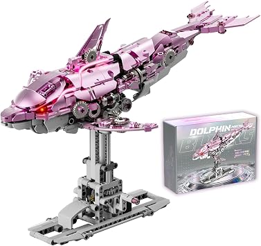 Mechanical Pink Dolphin Building Blocks Set Hand-Operated Motion, Detailed Gear Design, Display & Play Model Futuristic Ocean Animal Model