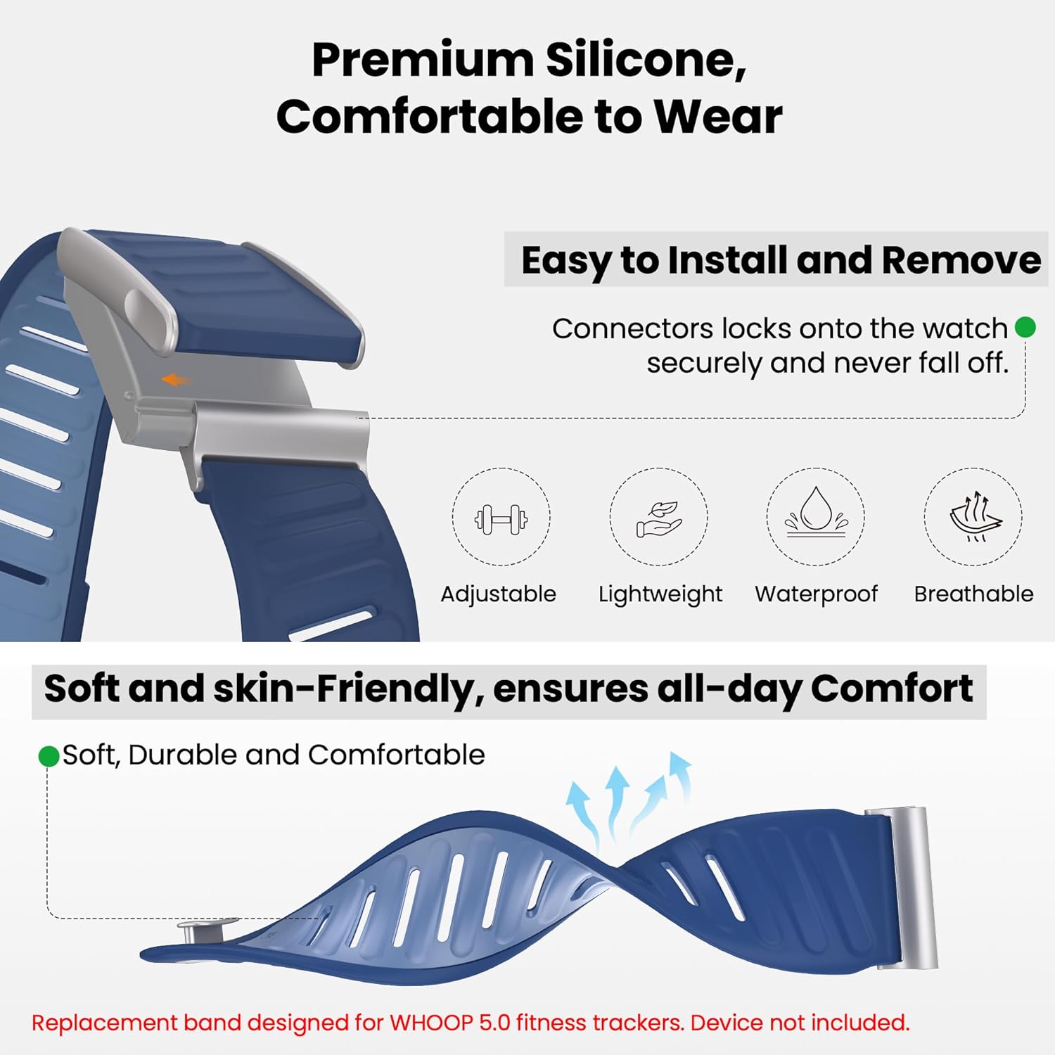 mimo Upgrade Durable Premium Silicone Sport Band for Whoop 5.0 Strap Men Women, Adjustable Waterproof Replacement Strap, Wristbands Straps for Whoop 5.0 Silicone Bands- Not Compatible with Gen 4