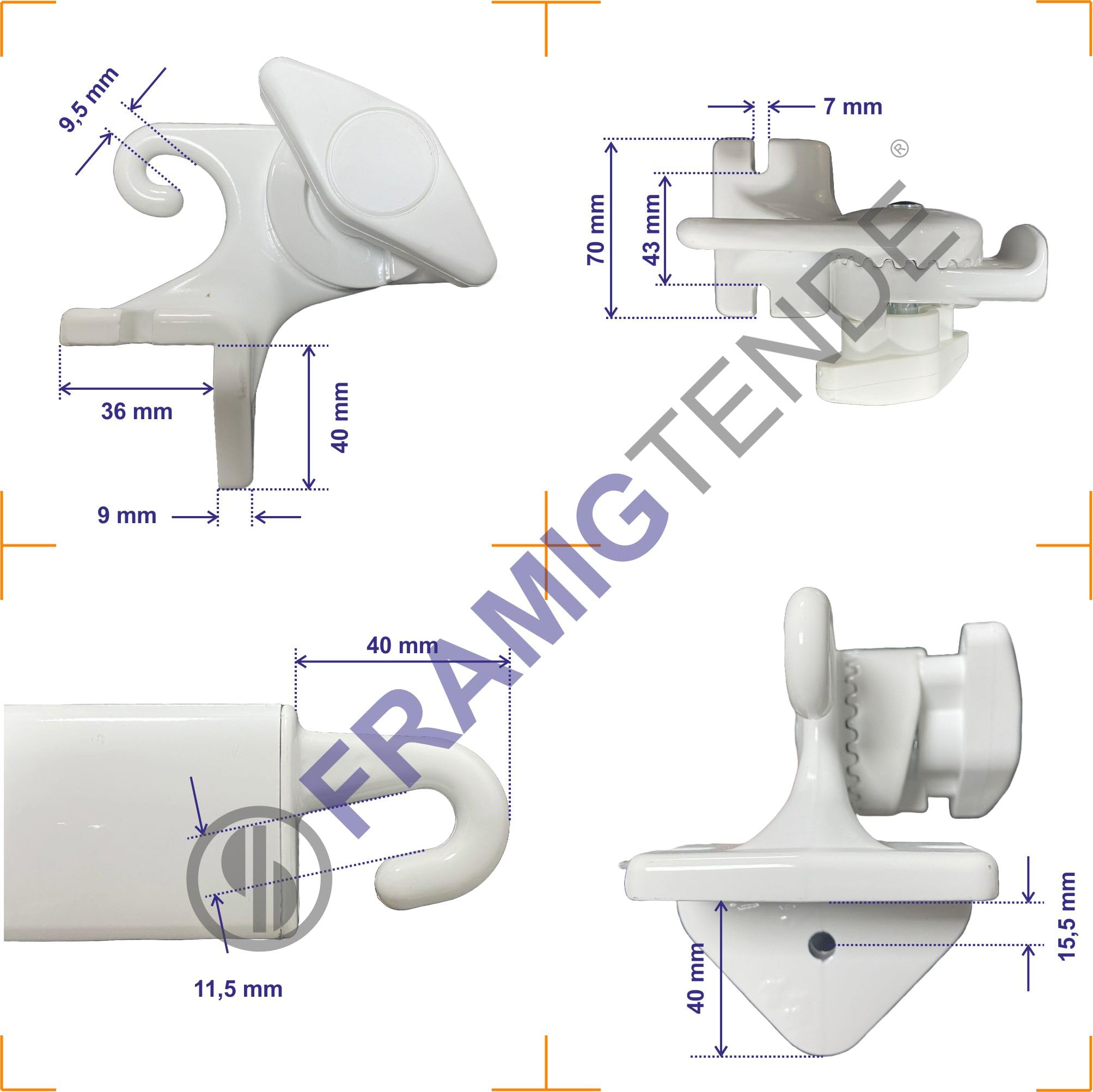 FRAMIG® Coppia braccetti in alluminio per tenda da sole a caduta. (1 - Bianco, Sporgenza 70 cm.)
