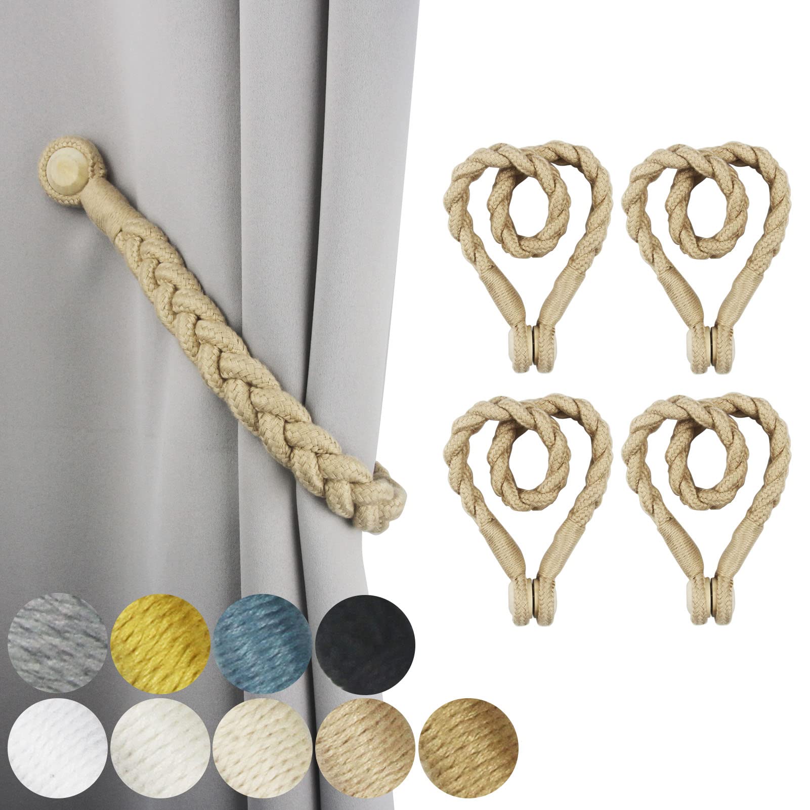 Alzapaños magnéticos Porlau de algodón beige oscuro con hebilla de madera pack de 4