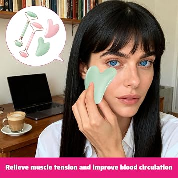 Green & Rose Quartz Jade Roller and Gua Sha Set,Roller & Gua Sha Set,Pink Jade Facial Massage Tools Gua Sha Stone for Anti-Aging & Skin Relaxation for Women Girls Men Neck/Body Use(4PCS)