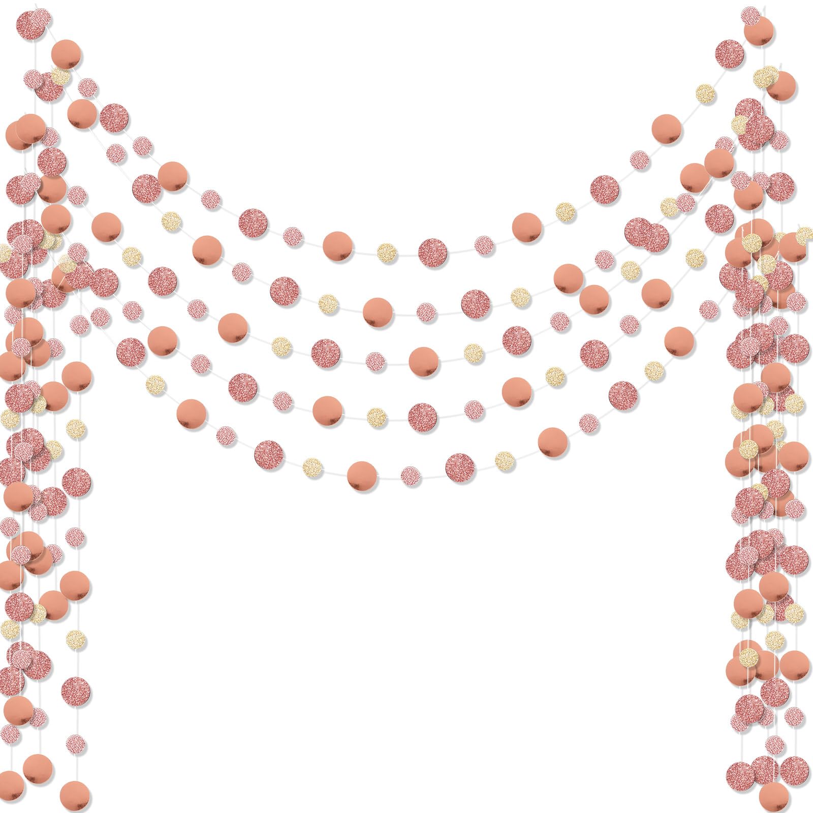 Outus 5 Pieces Rose Gold Round Dots Garland Easter Graduation Party Hanging Decor Each Length 13.1ft Glitter Paper Dot Streamers for Birthday Wedding