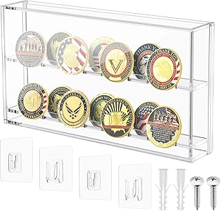 Acrylic Display Case for Challenge Coin, Military Coin Holder Display Stand, Wall Mount Challenge Coin Rack, Coin Case Box with Anti Fade Acrylic Door for Medals Badges Collector (Clear)