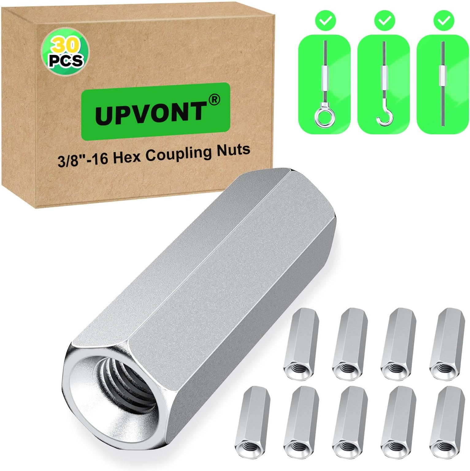 Hex Coupling Nuts, Rod Coupling Nuts 3/8"-16 UNC, 1-3/4" Length (30 PCS), Ideal for Threaded Rods & Studs, 1.75-Inch Length with Zinc Plating (30 PCS)
