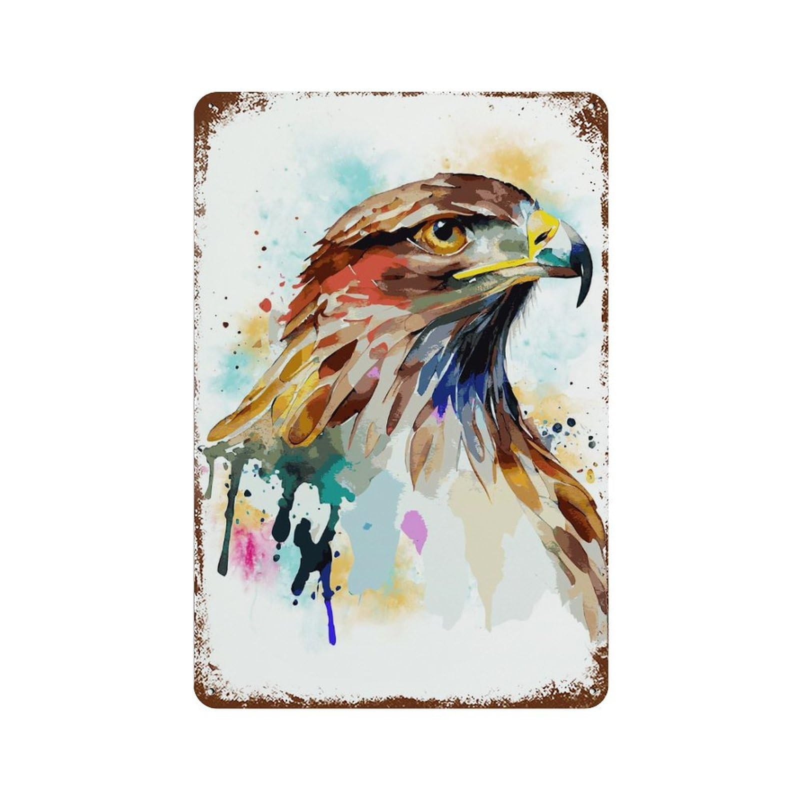 Watercolor Hawk Painting Weathered Tin Sign 11.8"x7.9", Farmhouse Wall Decor for Garage, Pub Or Kitchen