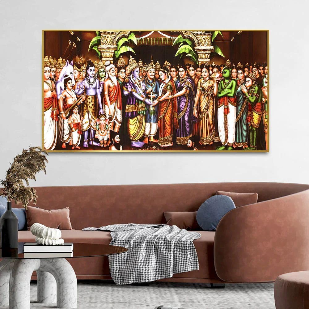 Aadee Production Srinivasa Kalyanam Wall Canvas Painting Floating Frame Big Size | Shri Ram & Mata Sita Swayamber Wall Art For Drawing Room | Religious Paintings | Home & Office Decor Walls Gifts Size Large (48x24 inches)-image-48