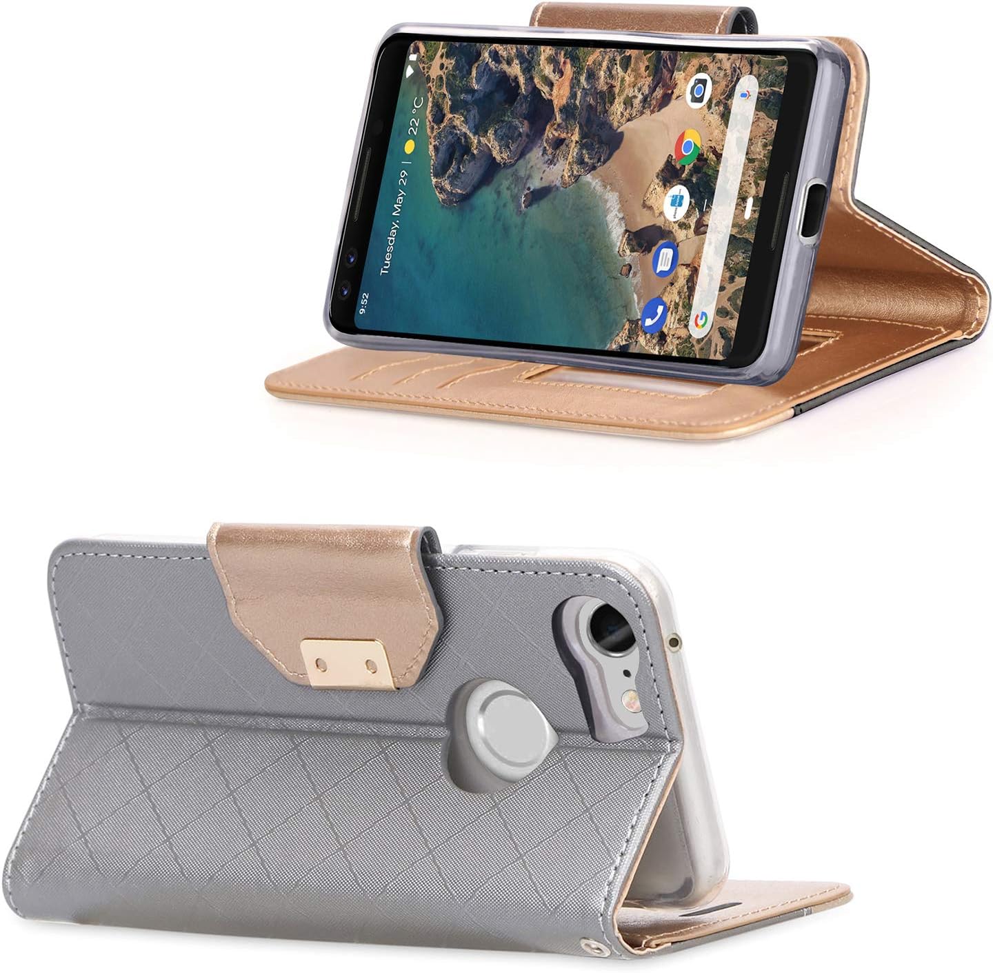ProCase Wallet Case for Google Pixel 3, Flip Kickstand Case with Card Slots Mirror Wristlet, Folding Stand Protective Cover for Google Pixel 3 (2018 Release) -Grey