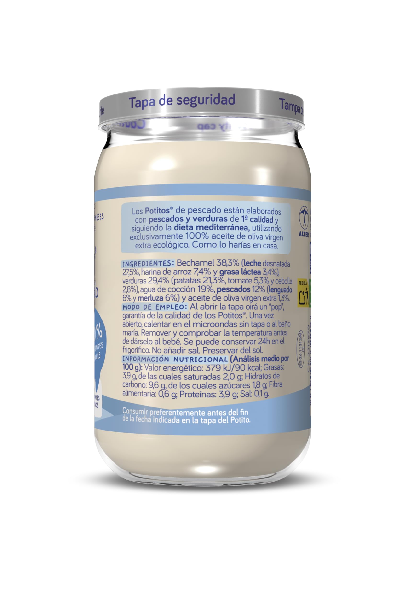 Nutribén Potitos de Bechamel con Lenguado y Merluza | Desde los 6 Meses | Sin gluten | Sin almidones | Sin Huevo y Sin Leche | 235 gr