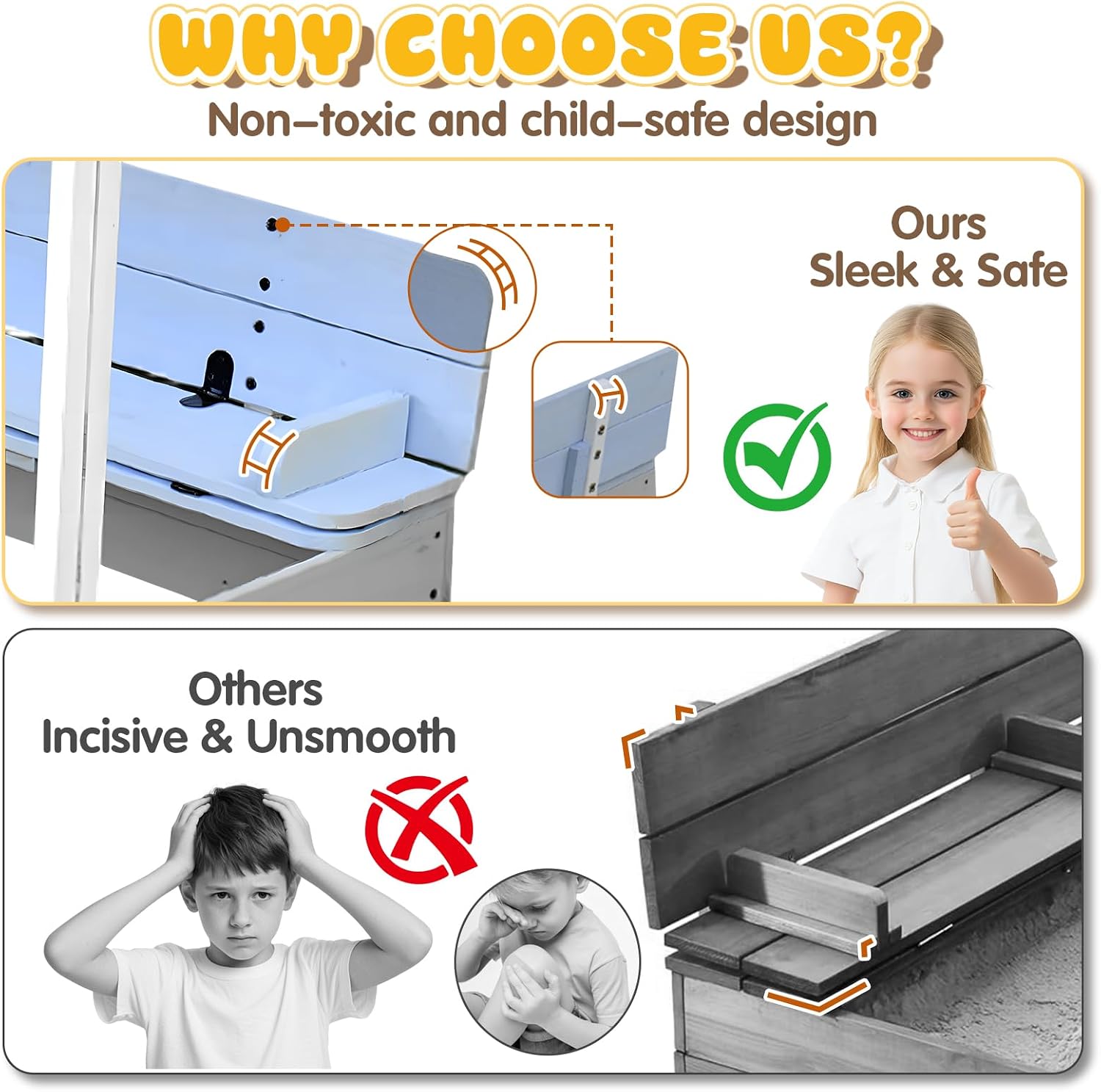 Wooden Sandbox with Lid, Outdoor Sandbox with Capony Foldable Bench Seats UV-Resistant & Adjustable Roof Bottom Liner