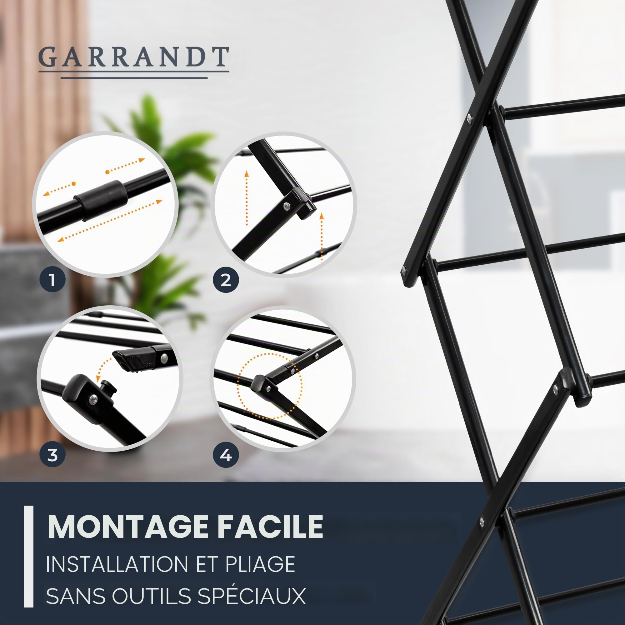 Séchoir à Linge Pliable, Robuste, Peu encombrant, 6 Niveaux avec 11 Barres, Pliable et Extensible, Petit, Balcon en Noir (Blanc)