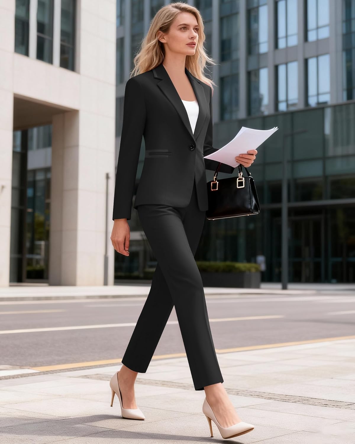 Women's 2 Piece Suit Professional Slim Fit One Button Dressy Blazer Pants Suit Set Business Casual Outfits for Work Office