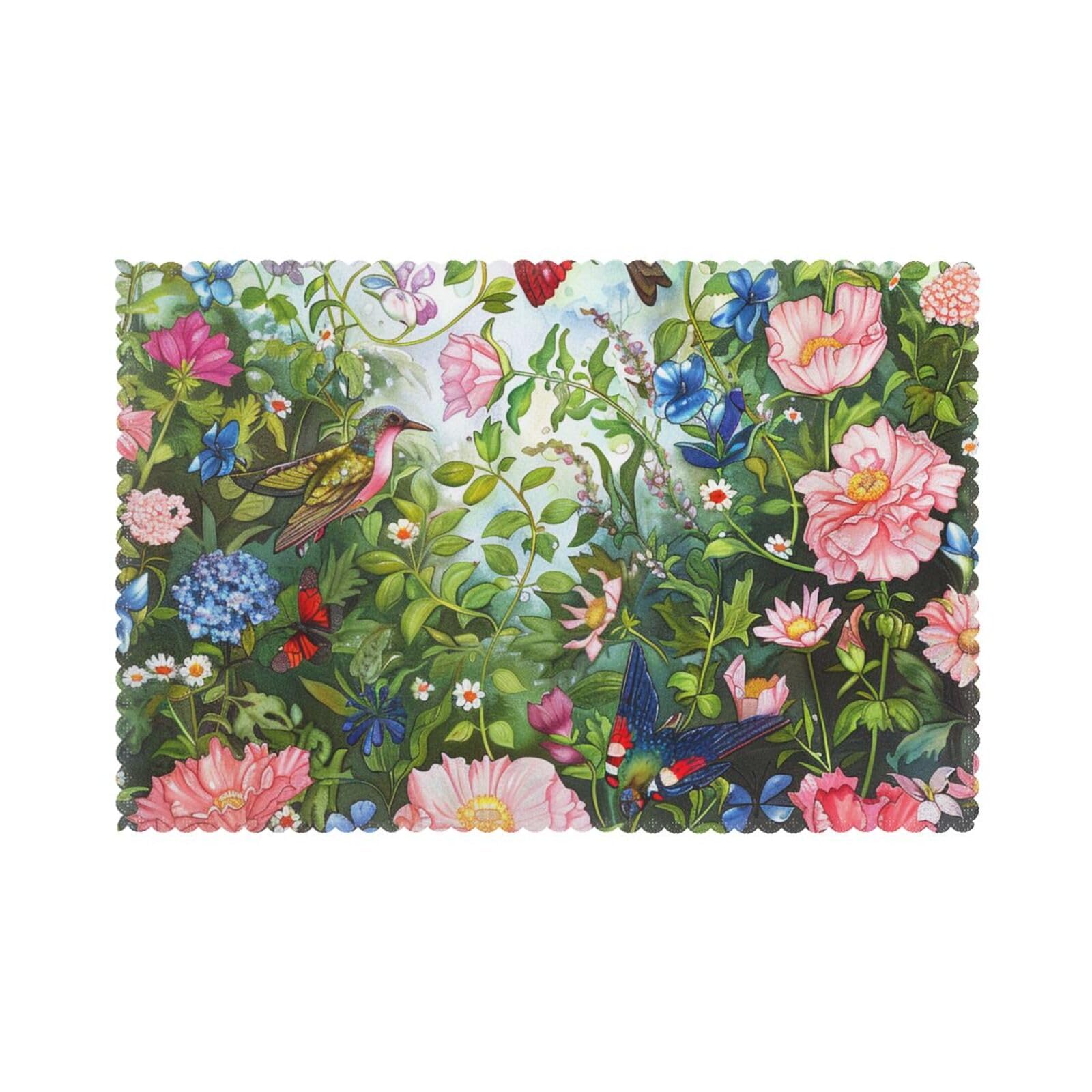 garden with birds and flowers Printed Placemats Set (45x30 CM, 6-Piece) - Heat-Resistant Place Mats Washable Table Mats for Dining Table Kitchen Parties