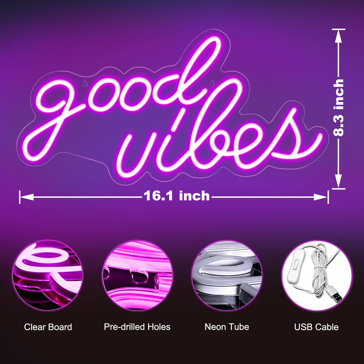 Bymax Neon Sign, Good Vibes Wall Decor Neon Signs, Usb Powered Led Neon Lights Up For Bedroom Bar Wedding Party Room - ICE BLUE