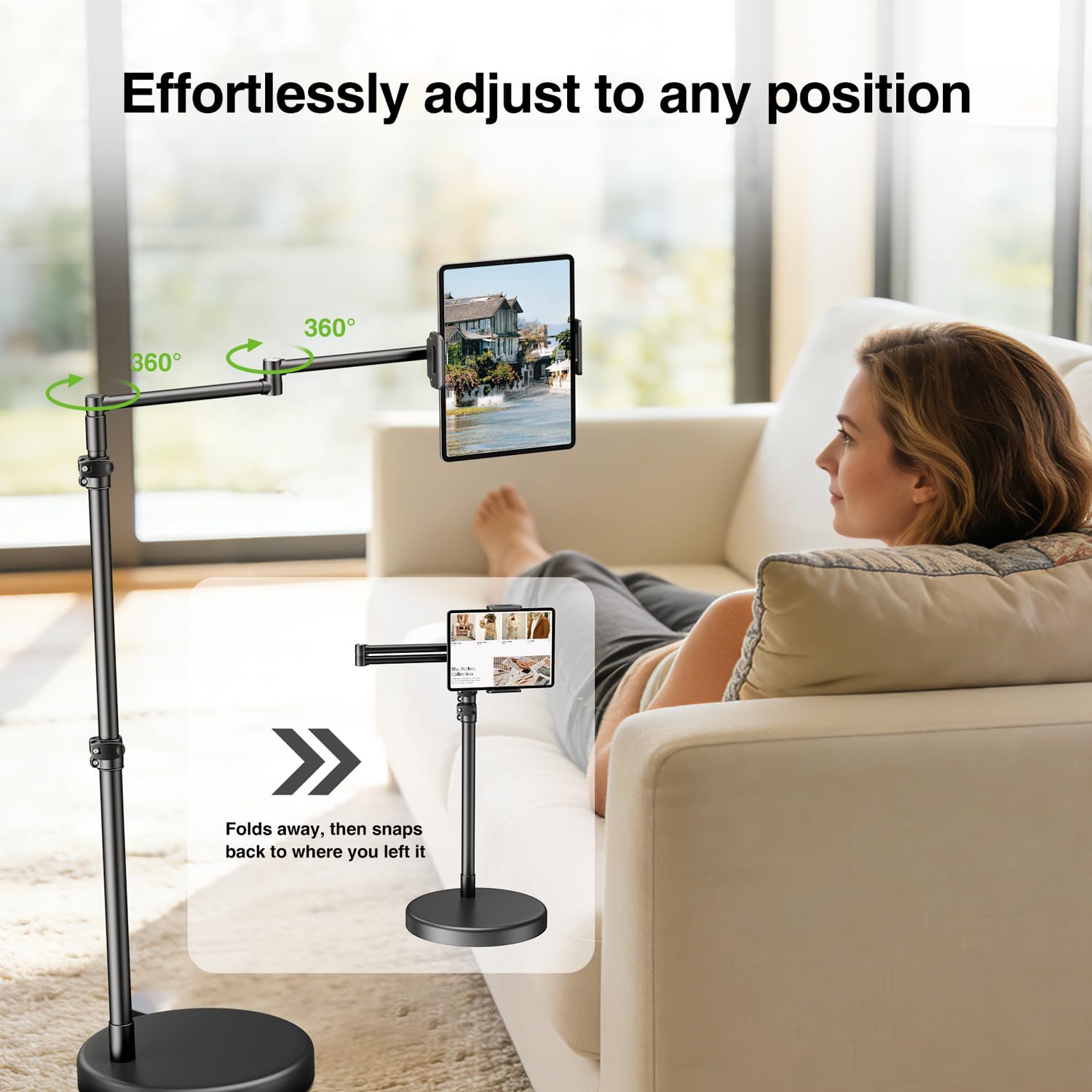 elitehood Schwerlast-Aluminium Tablet Bodenständer für Bett | Langer Schwenkarm, Verstellbar, Kompatibel mit iPad, Kindle, 4,7–13 Zoll Geräte, Für Sessel, Sofa