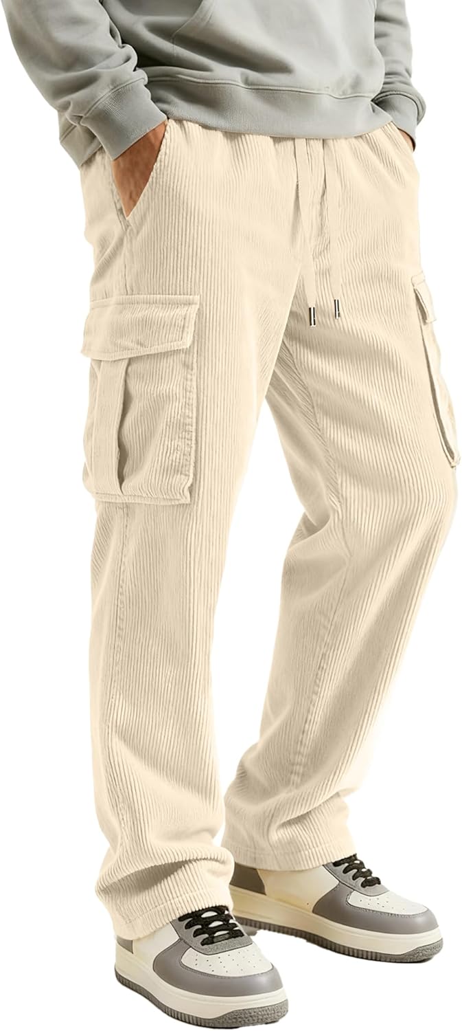 PLEPAN Men's Cargo Corduroy Straight Leg Pants Regular Fit Casual Pants with Pockets Elastic Waist Drawstring Sweatpants
