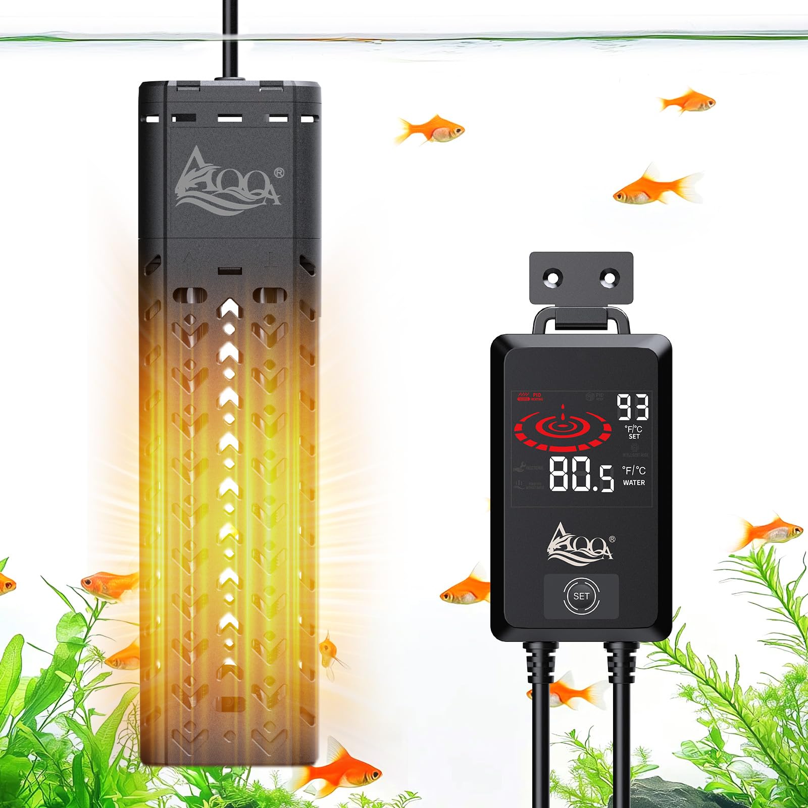 AQQA Submersible Aquarium Heater 500W for 55-130 Gallon Fish Tank Quartz Glass with External Controller for Betta Tank