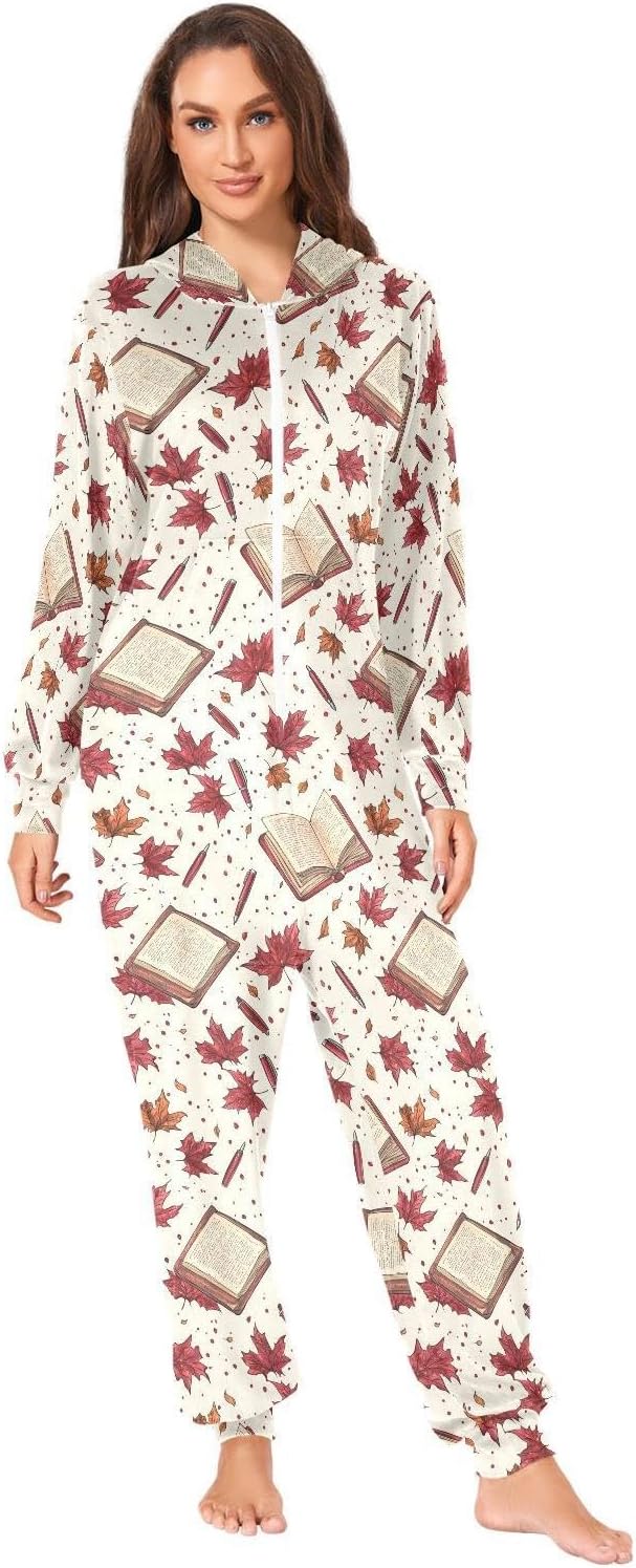 ZZKKO Maple Leaves and Book Pen Adult Onesie Pajamas for Women Men Cozy One Piece Pajamas Costume Zip-Up Hooded S-XL