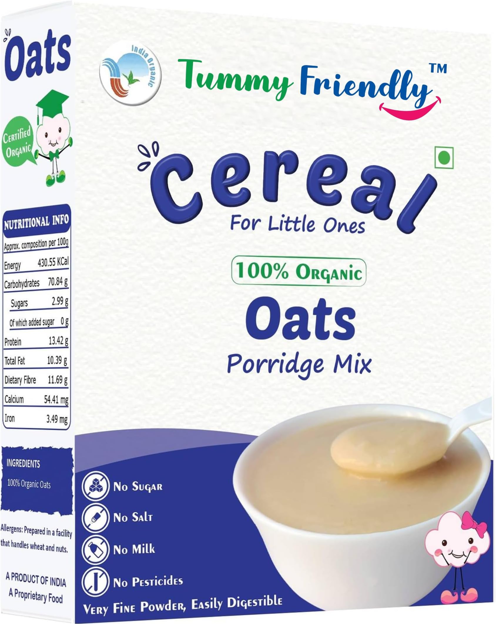 TummyFriendly Foods Certified Organic Oats Porridge Mix | India-Organic Certified Organic Oats for Baby 6 Months old | No Sugar, No Salt, No Milk, No Chemicals, No Pesticides & No GMO | Cereal Rich in Protein, Beta Glucon, Healthy Fat and Dietary Fiber | Maximum Possible Nutrition From Real Food | Available in Trial Baby Packs too | Shelf-life 9 Month | 200g