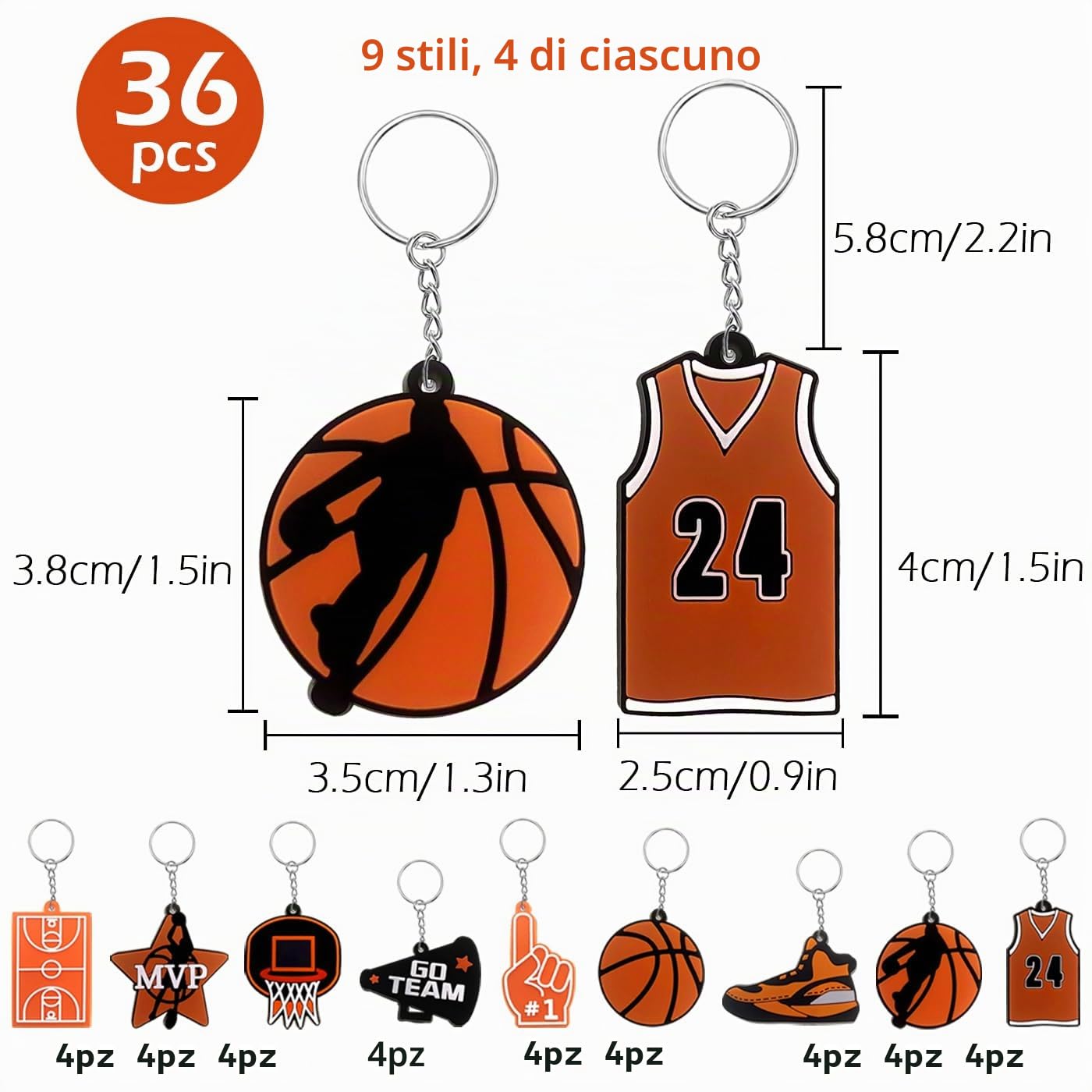 36 pezzi di basket portachiavi, portachiavi sportivi per i regali di borsa partito Sport Party Favors Kid School Sport Reward
