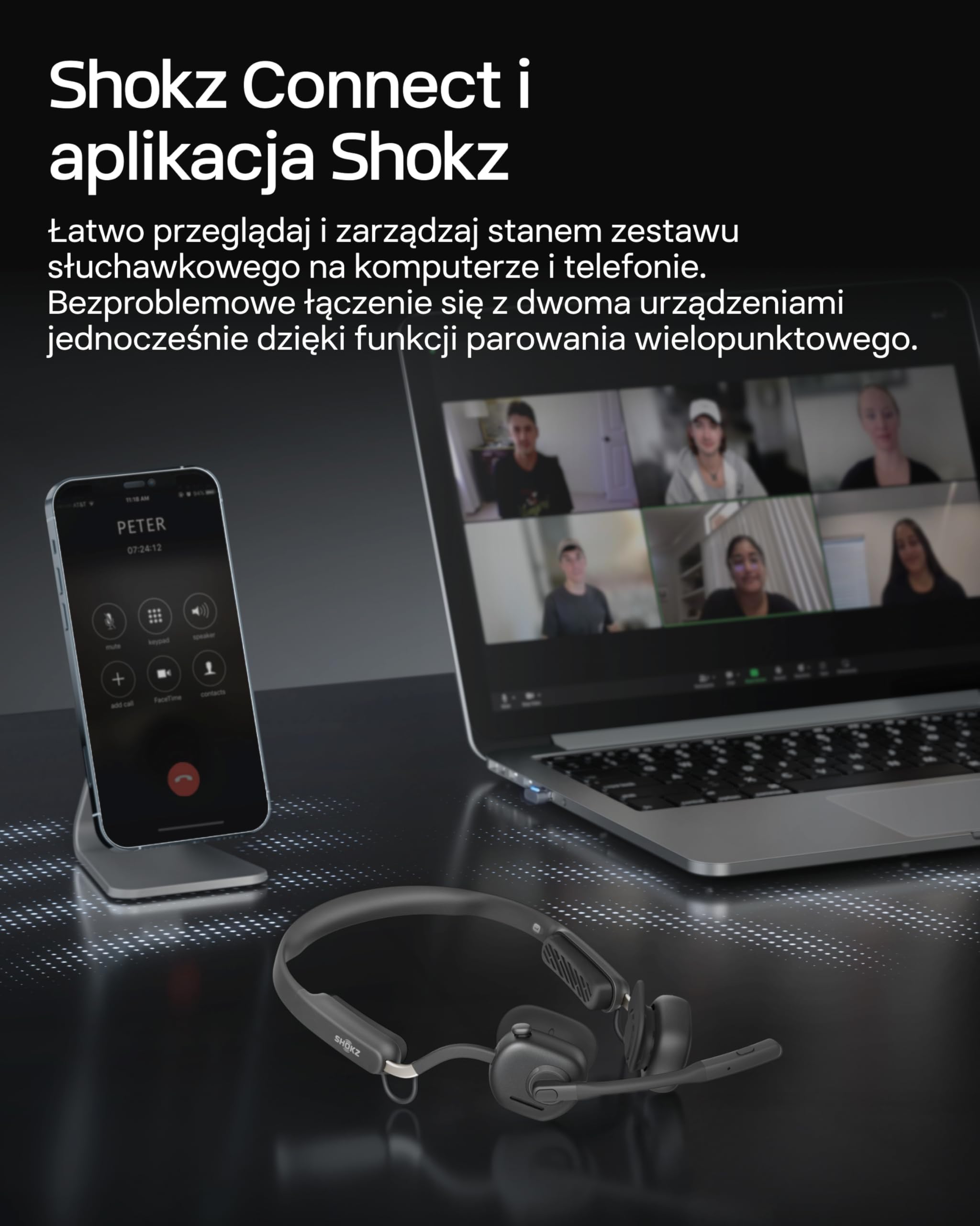 Shokz OpenMeet headset Open-Ear z 2 mikrofonami | Bluetooth 5.4, 15h baterii, 2 mikrofony z redukcją szumów, szybkie ładowanie, do pracy, połączeń i spotkań