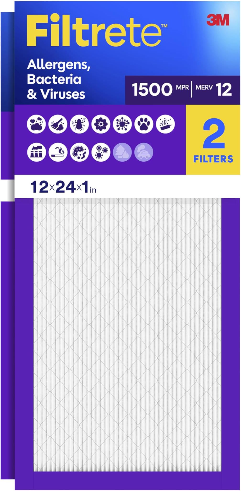 12x24x1 Air Filter, MERV 12, MPR 1500, Allergens, Bacteria & Viruses, 3-Month AC and Furnace Filters, Cleaner Air, Reliable Airflow, 2 HVAC Filters (Actual Size 11.68 x 23.68 x 0.78 in)