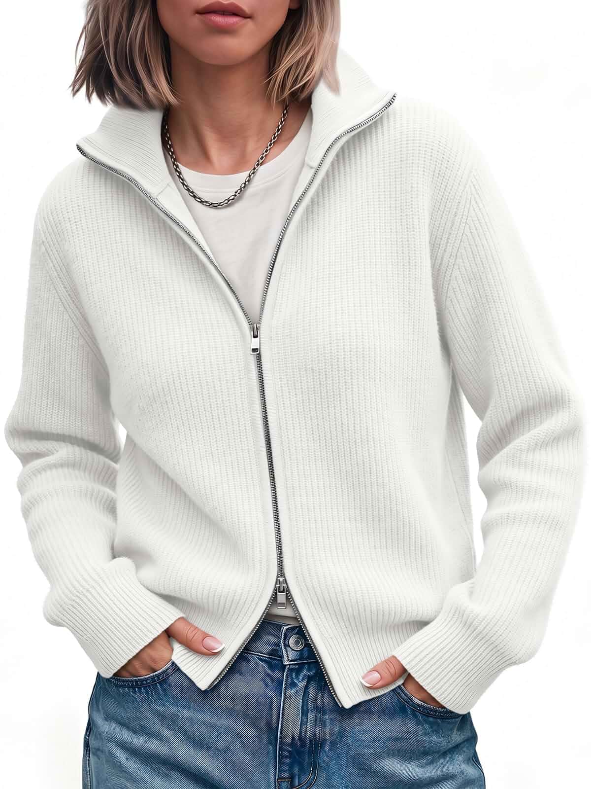 LILLUSORY Womens Zip Up Cardigan Sweater Ribbed Knit Fall Jacket 2026 Mock Neck, Two Way Zipper, Sweater Jacket, Lightweight Layering, Casual Daily Style, Weekend Outfit, Minimalist Fashion