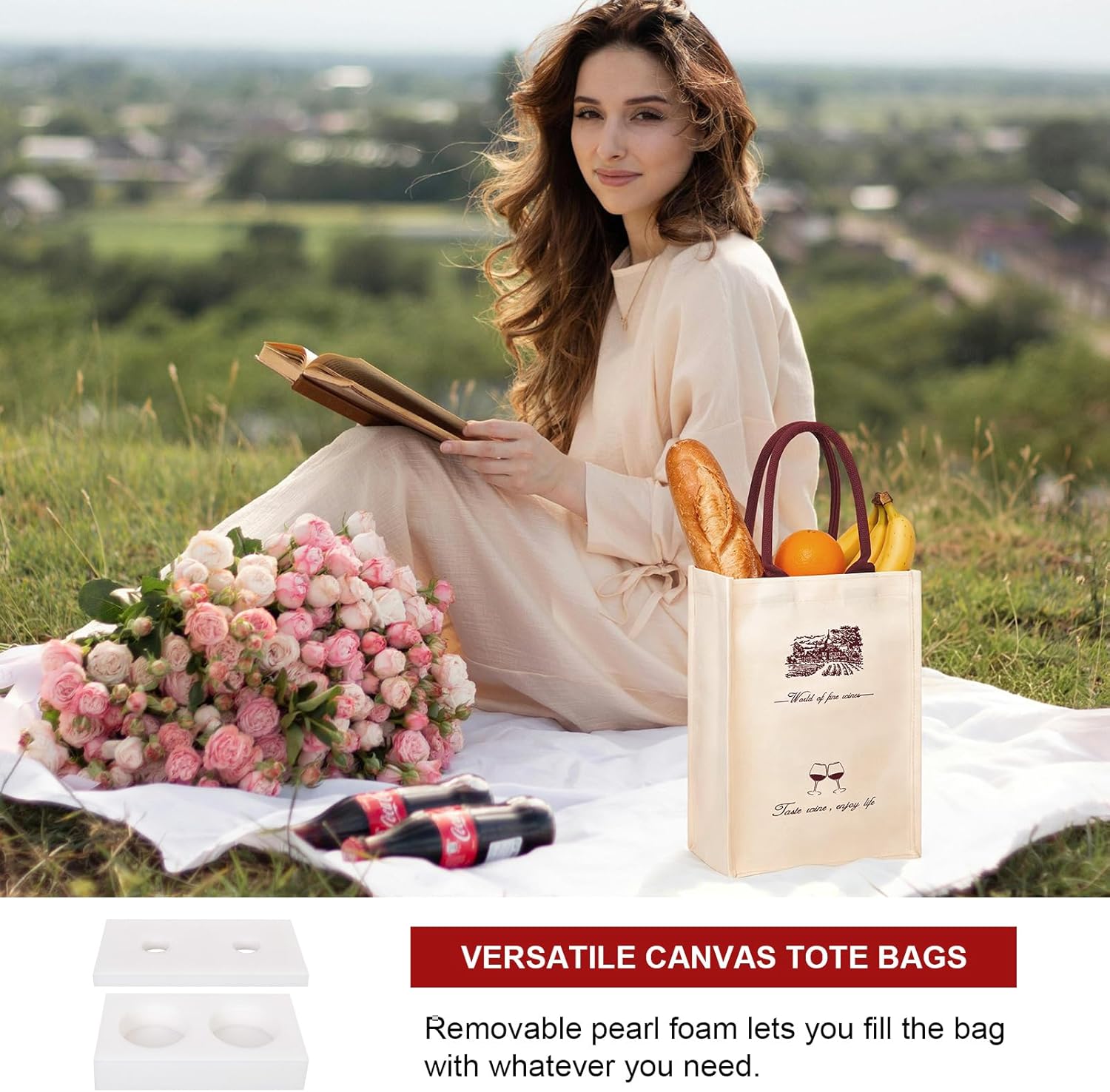 Sturdy Canvas Wine Tote Bag for 2 Bottles, Waterproof with Wine Red Handles & Built-in Foam Padding, Foldable Wine Gift Bags Alternative to Wine Shipping Box, for Party Wedding Wine Lovers, 2-Pack