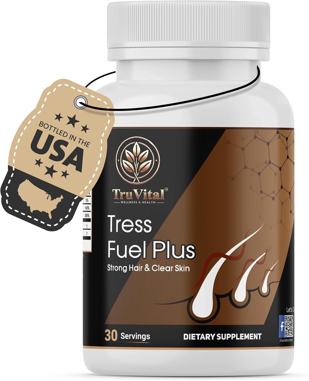 TRUVITAL™ Tress Fuel Plus Hair Support Supplement with Biotin & Collagen – Iron, Zinc & Vitamin C for Hair, Skin & Nails – Daily Nutrient Formula for Men & Women – Made in USA – 30 Capsules