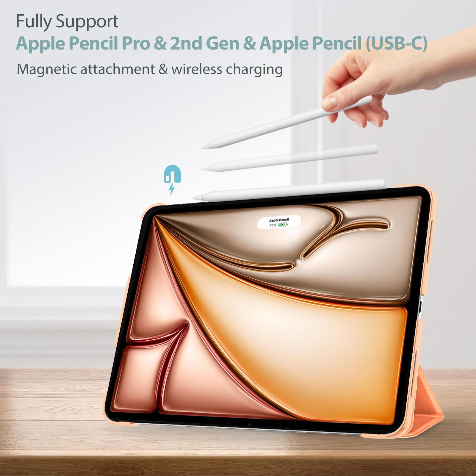 ProCase Cover iPad Air 11 Pollici M3/M2 2025/2024, Custodia iPad Air 5a 4a Gen (10,9 Pollici Modello 2022/2020), Supporta Ricarica di Pencil 2 Smart Cover Leggero Auto Svegliati/Sonno -Arancio