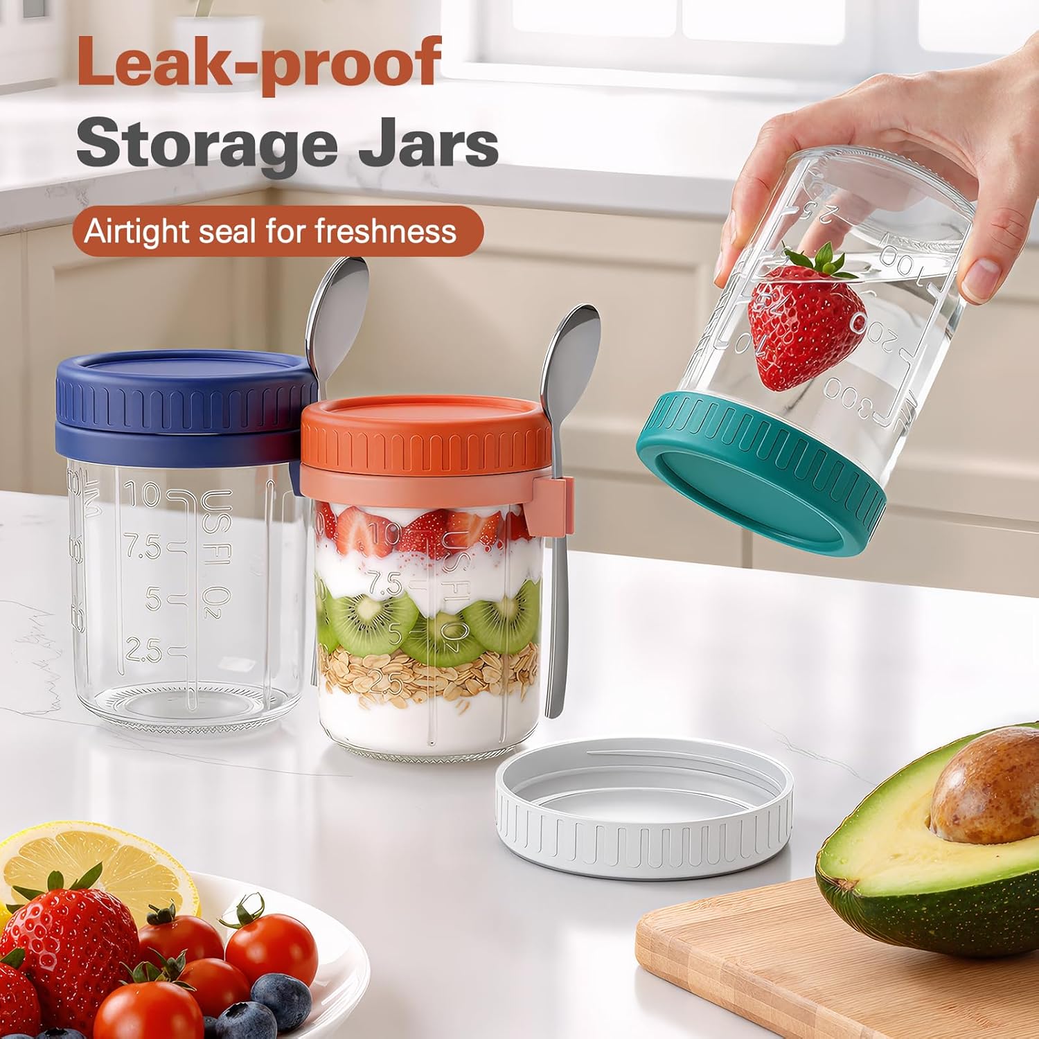 4 Pack Overnight Oats Containers with Lids and Spoons, 16 oz Airtight Oatmeal Container with Measurement Marks, Overnight Oats Jars for Cereal Fruit Vegetable Milk Salad Yogurt Meal Prep - Image 2