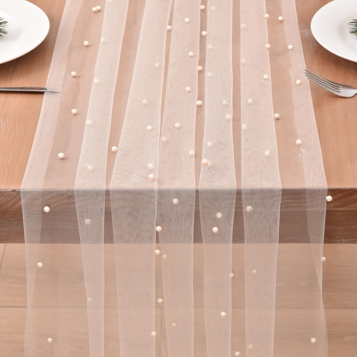 Joanlody Pearl Table Runner Easter 10ft Rustic Boho Tulle Spring Summer Runner with Pearls for Baby Shower Wedding Party Veil Dessert Table Decor Champagne 4pcs
