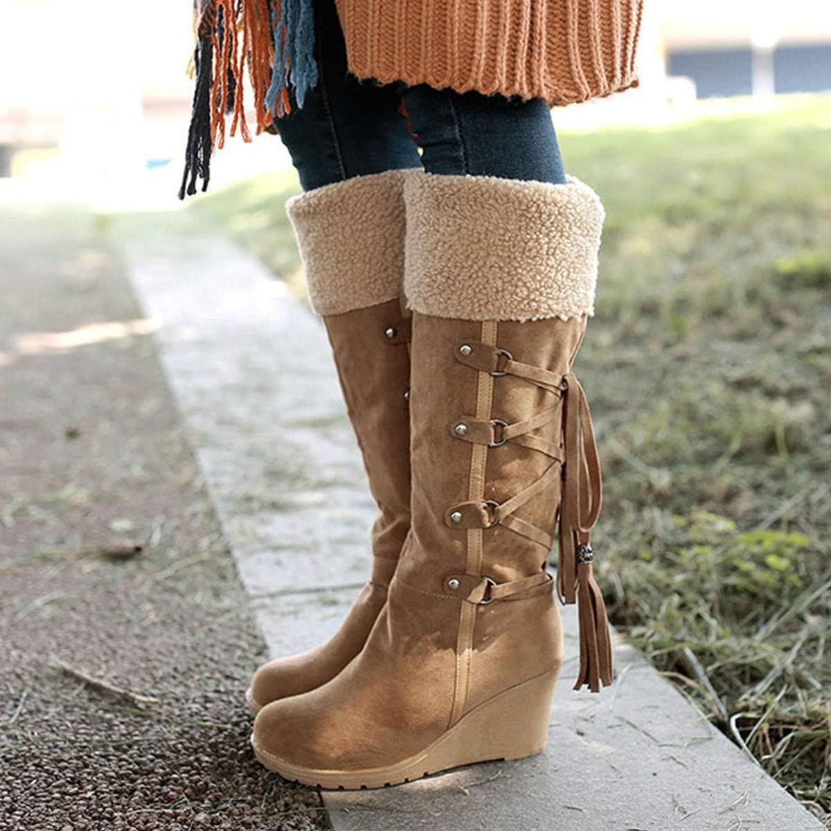 Amazon.com: 2021 Botas de combate para mujeres, Botas de nieve de invierno  impermeables calientes hasta la rodilla botas altas de espalda con cordones  de las señoras planas botas de punta redonda Fanshion