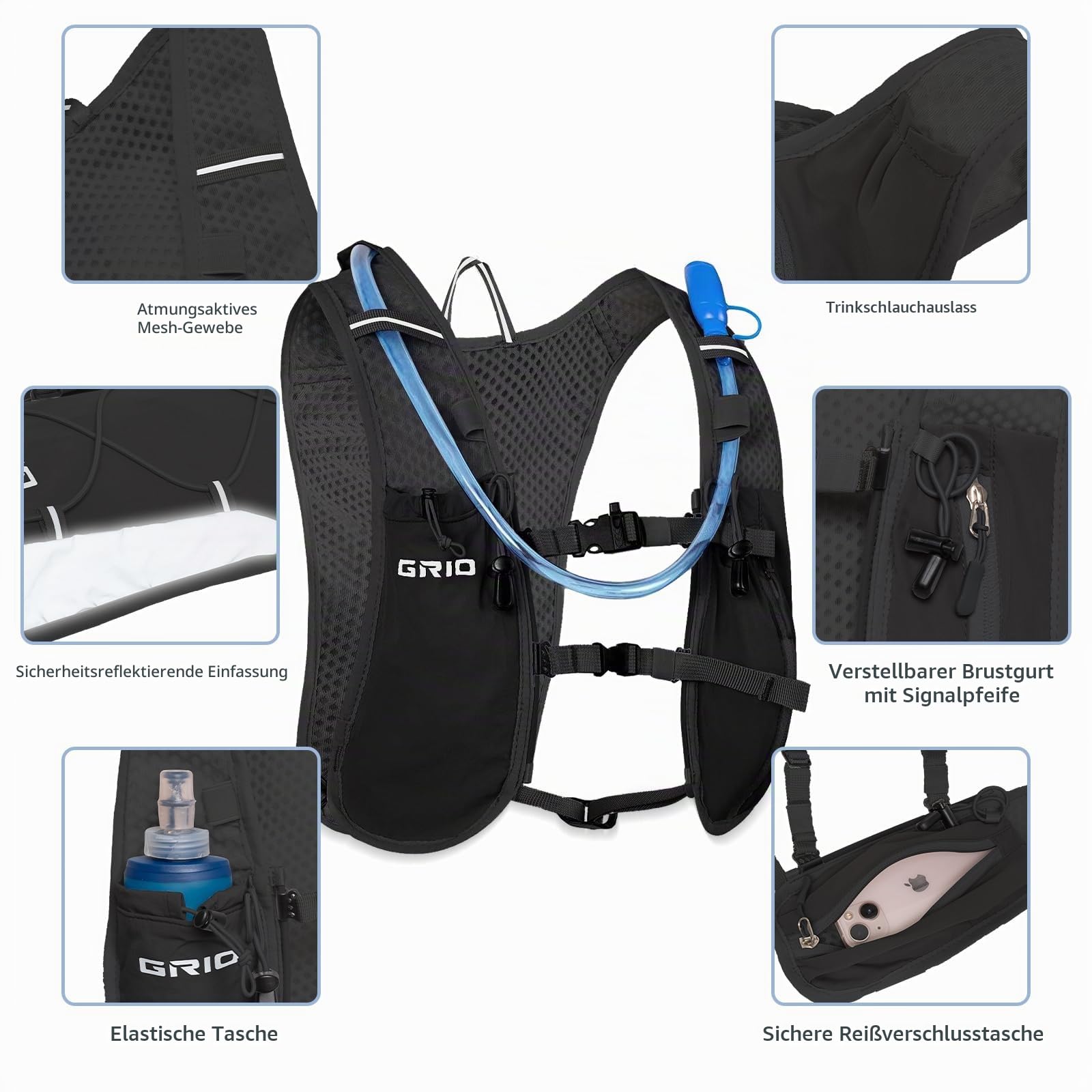 GRIO Laufweste Damen Herren mit 1,5L Trinkblase, Ultraleicht Verstellbar Reflektierend, Running Vest Trinkweste Laufen mit Handyfach, Laufrucksack Trinkrucksack für Wandern