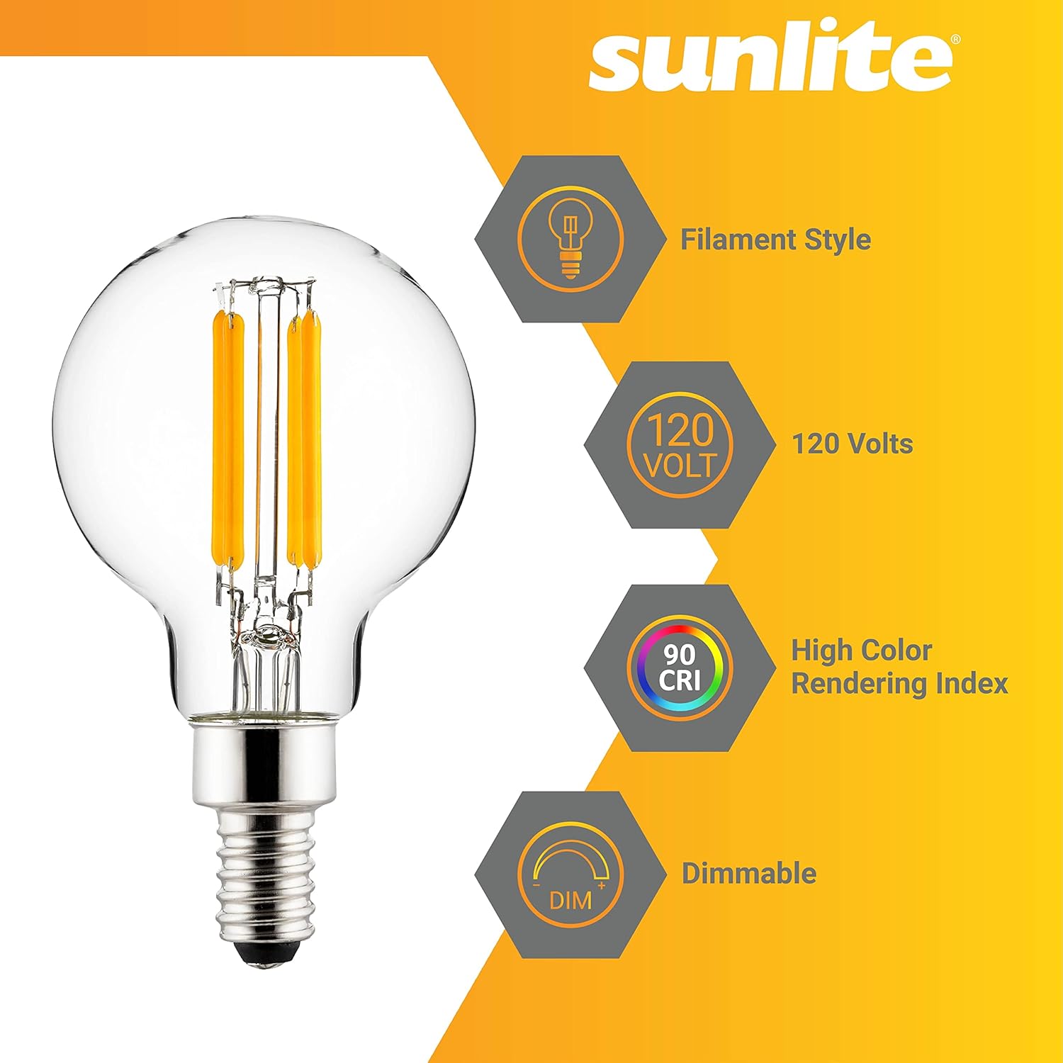 Sunlite 81145 LED G16.5 Filament Style Globe Light Bulb, 6 Watts (60W Equivalent), 500 Lumens, 120V, Dimmable, Candelabra Base (E12), 90 CRI, UL Listed, Title-20 Compliant, 3000K Warm White, 6 Pack