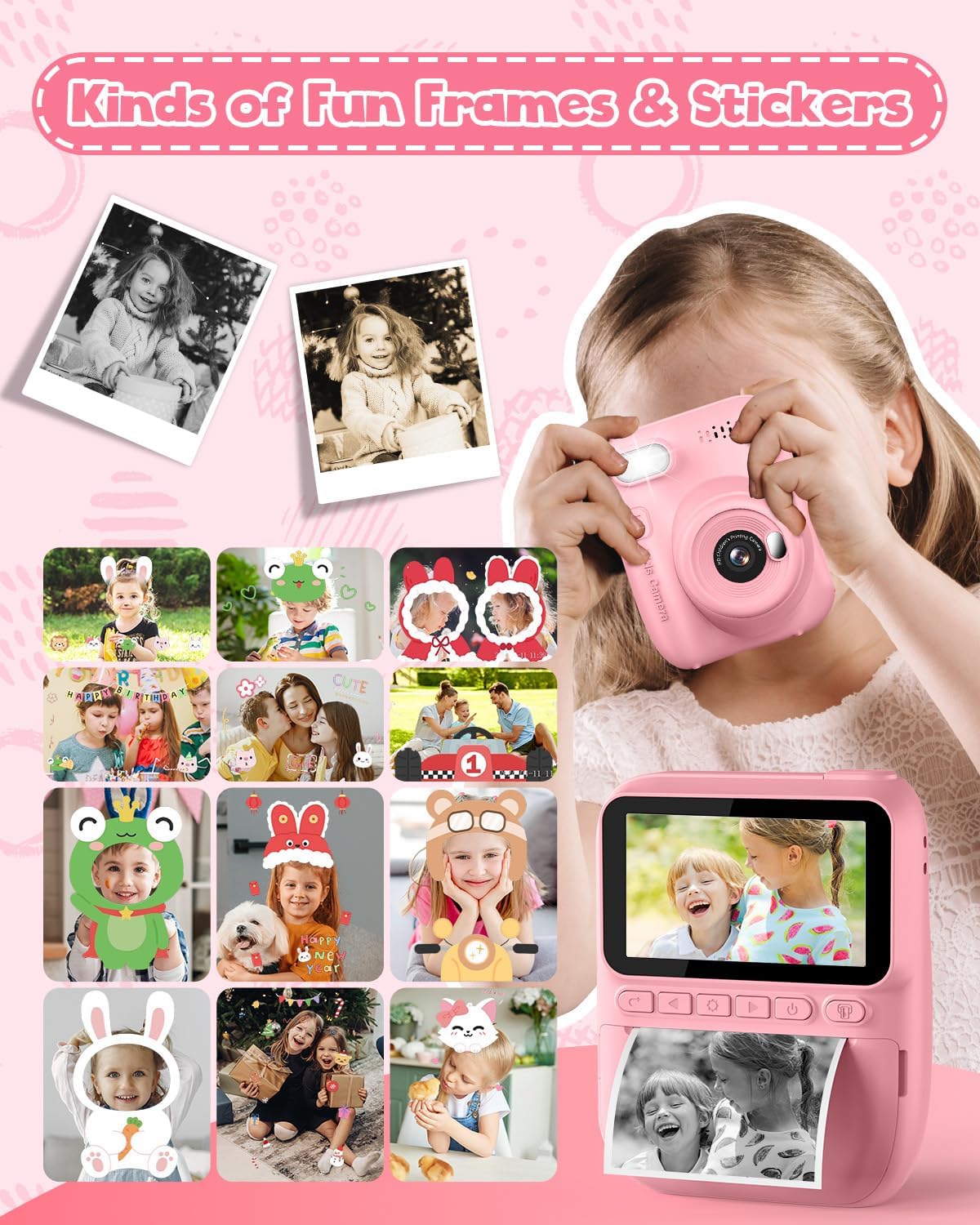 Kids Instant Print Camera, 3.0-inch HD Screen 32MP Photo Instant Digital Camera Christmas Birthday Gifts Toys for Children Girls Boys Age 3-12 - Pink