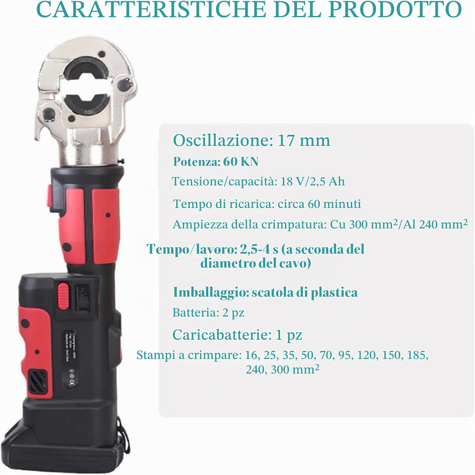 Crimpatrice Idraulica Ricaricabile 16-300Mm², Crimpatrice Elettrica Idraulica, Cavo Alimentato A Batteria Al Litio 18V 4A, Per Terminale In Alluminio Rame blue,Stainless steel