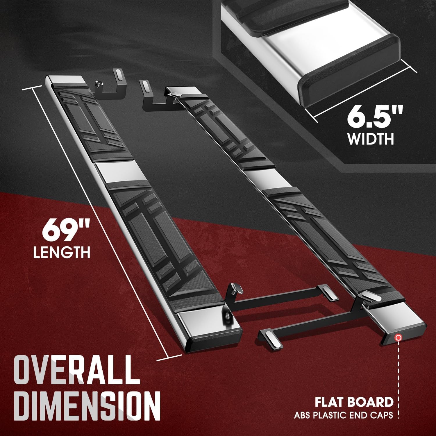 Image showing the overall dimensions of the running boards, 69 inches long and 6.5 inches wide.