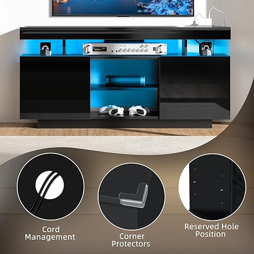 Miniatura 8 de HOMMPA Moderno soporte de TV LED para TV de 55/50/43/40/32 pulgadas con tomas de corriente, consolas de TV para juegos con centro de entretenimiento