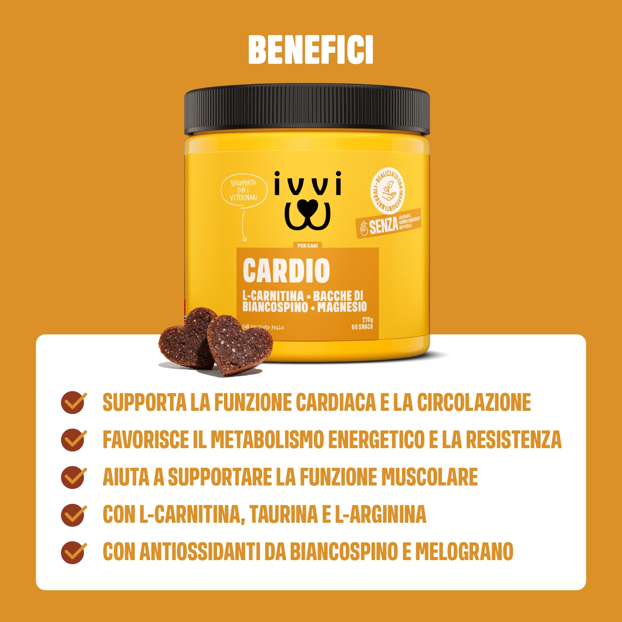 ivvi Cardio per cani – 60 snack morbidi con L-carnitina, taurina, L-arginina, magnesio, olio di salmone, bacche di biancospino e melograno – funzione cardiaca, energia e vitalità – con pollo – 270 g