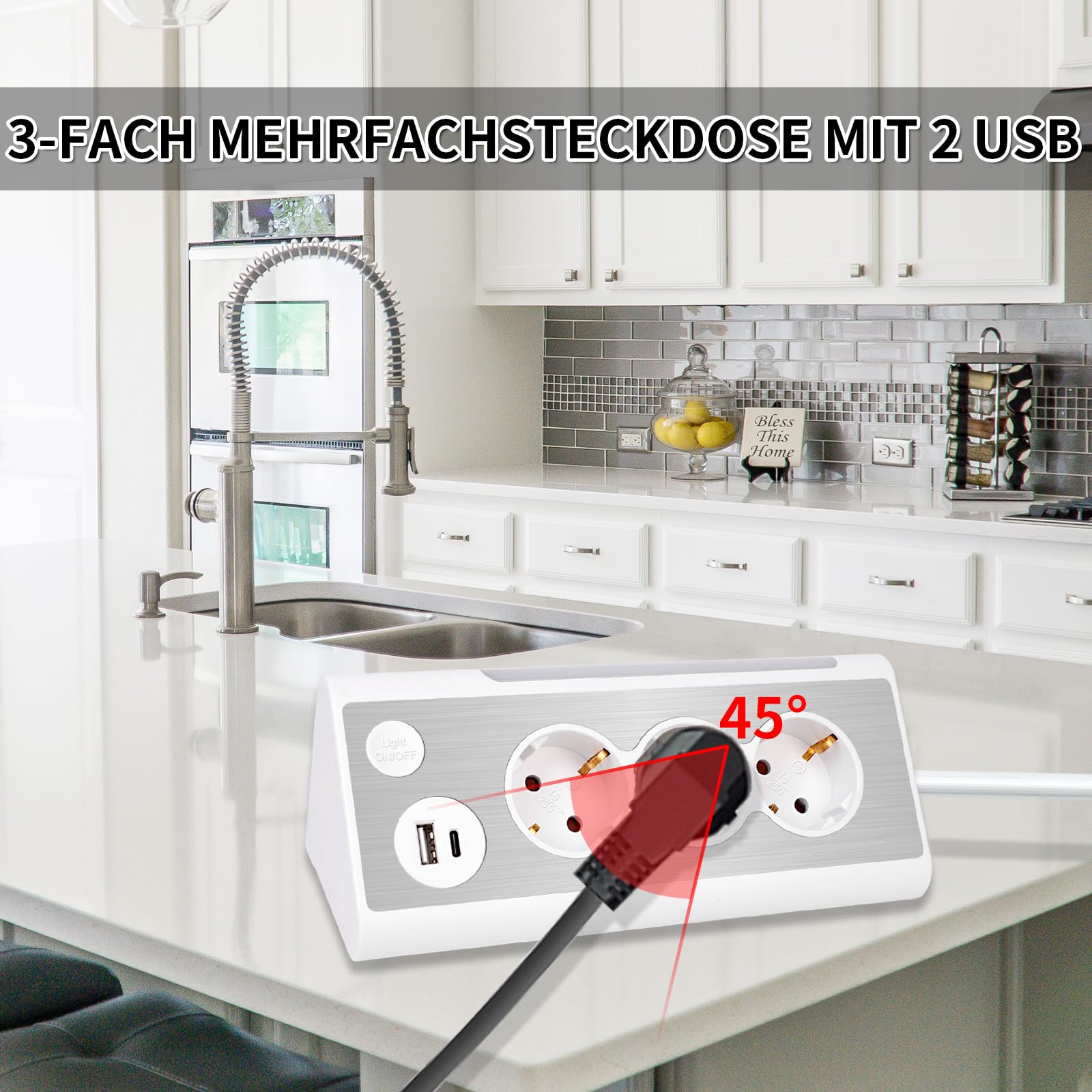 Regleta De Enchufes Con USB Y Luz LED - 3 Tomas, USB A Y C, Interruptor Táctil, Acero Inoxidable, Blanco