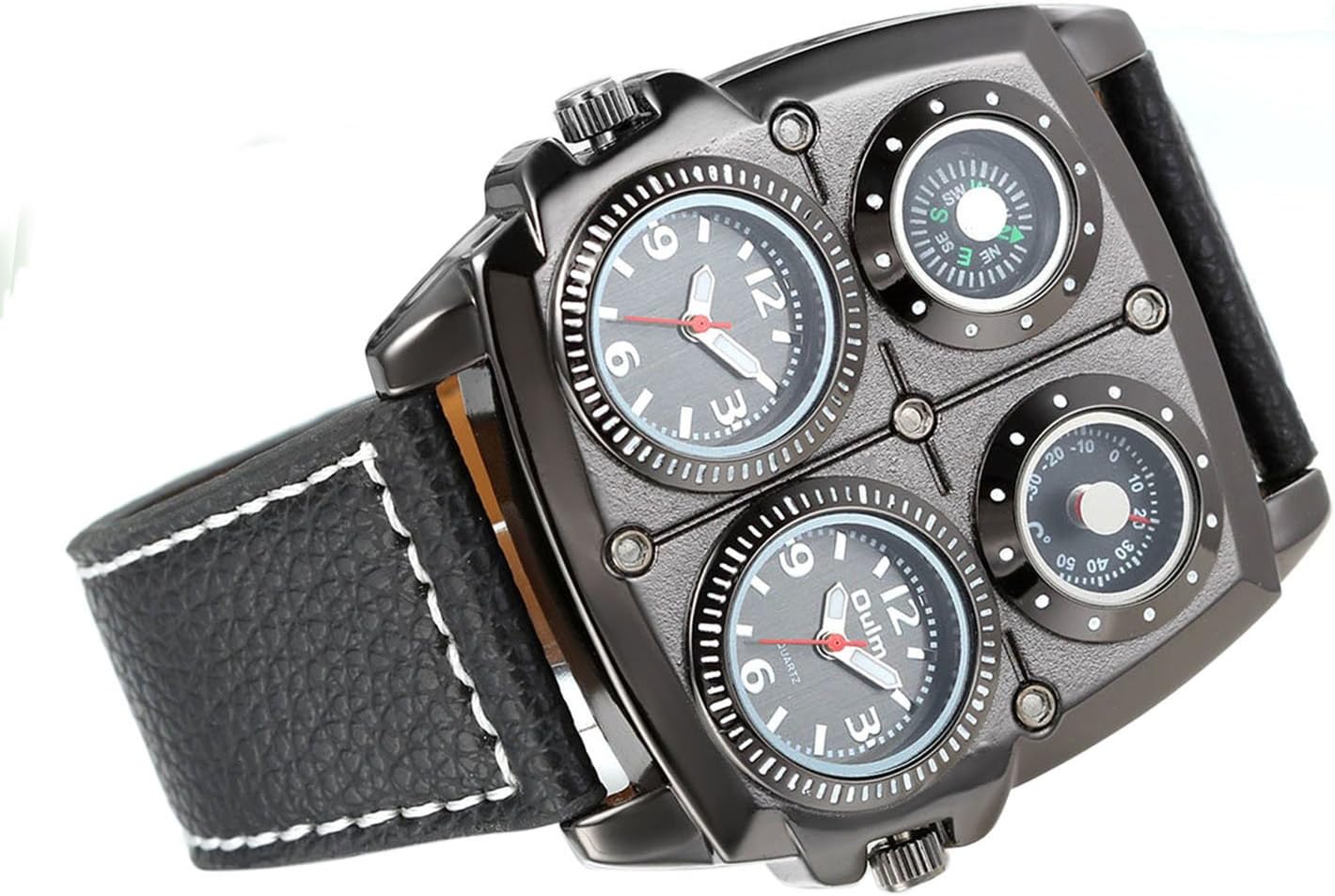 Avaner Mens Punk Watch, Unique Big Face Dual Time Zone Wristwatch, Analog Quartz Leather Strap Sport Watches with Decorative Compass and Thermometer Dial - Image 2