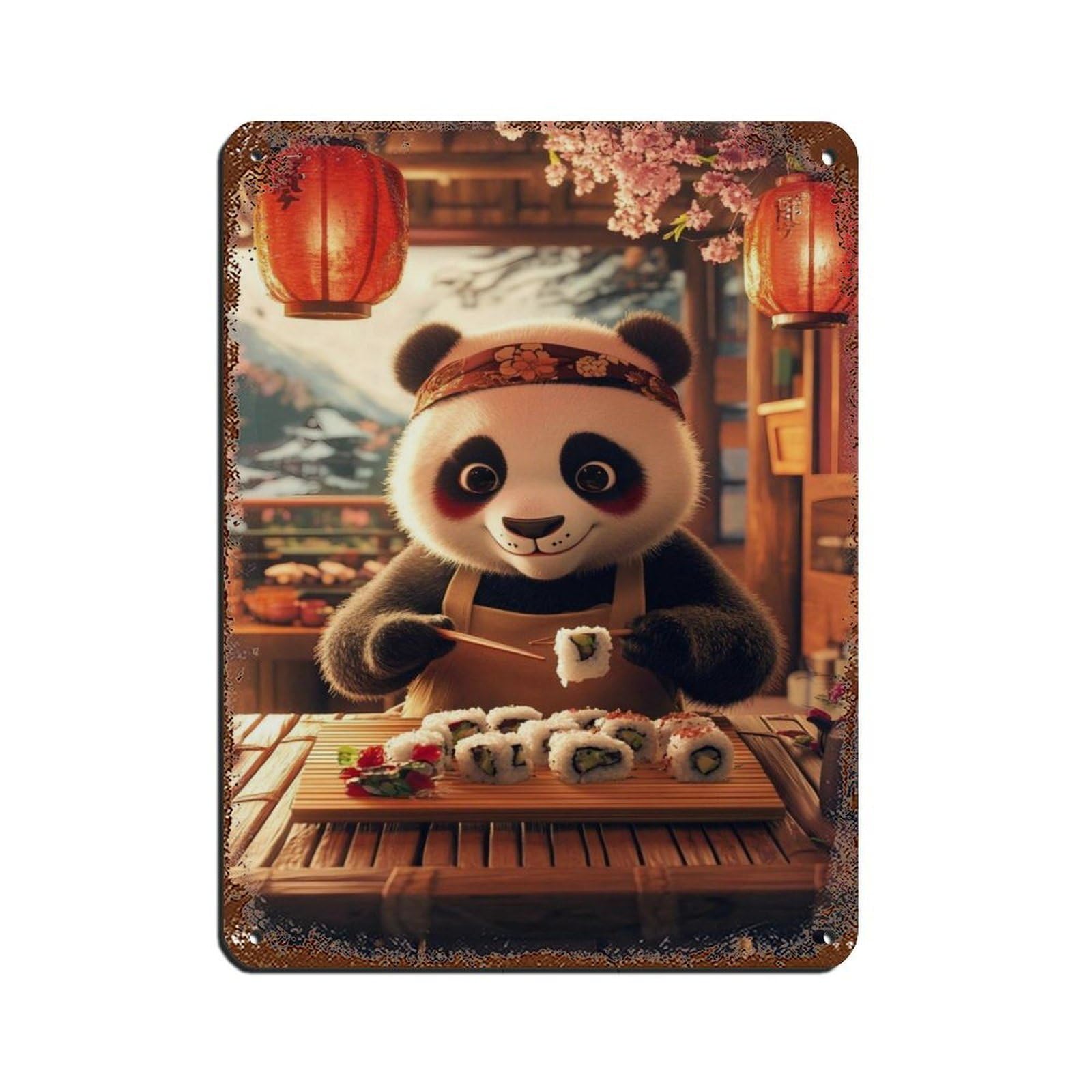 Lxwnze 30L X 40W Cm Cute Panda Sushi Chef Wall Retro Poster Metal Tin Sign Chic Art Retro Iron Painting Bar People Cave Cafe Family Garage Poster Wall Decoration 12X16inch(30X40cm)